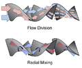 Depiction of flow division and radial mixing