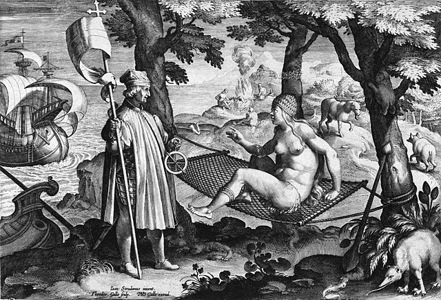 Amerigo Vespucci awakens the sleeping America, a late 16th century illustration depicting Amerigo Vespucci's voyages to the Americas