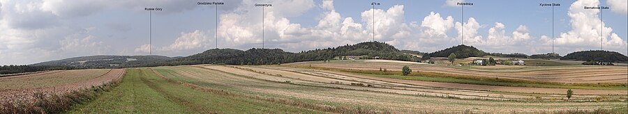 Panorama Strzegowej. Widok w kierunku wzniesień nad Doliną Wodącej