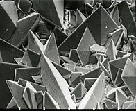 Cristaux de weddellite (oxalate de calcium dihydraté) sur la surface d'un calcul rénal. Image de microscopie électronique à balayage (MEB), surface dans la réalité = 0,35 × 0,45 mm.