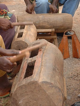 Bamileke slit drum drummers in Cameroon's West Province.