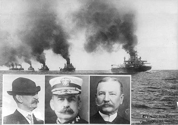 US battleships steaming toward Veracruz following the Tampico Affair. Inset: Appearing in the photograph (left to right): Rear Admiral Henry T. Mayo, 