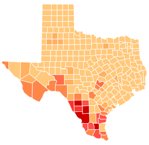 Results for Raza Unida by County:
Muniz
0-5%
5-10%
10-15%
15-20%
20-25%
25-30%
>30% Texas Gubernatorial Election Results by County, 1974 Raza Unida.svg