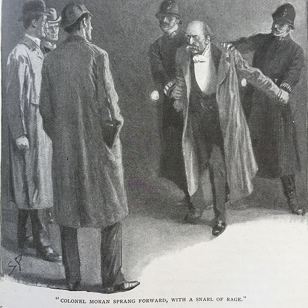 Sherlock Holmes, third from left, hero of crime fiction, oversees the arrest of a criminal; the character of Holmes popularized the crime fiction genr