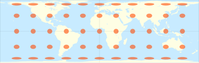 The Lambert (standard parallel at 0deg, normal) cylindrical equal-area projection with Tissot's indicatrix of deformation Tissot indicatrix world map Lambert cyl equal-area proj.svg