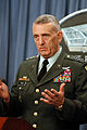 Tommy Franks, U.S. Army, responds to a reporter's question at a Pentagon press conference on March 5, 2003