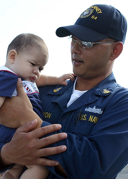 File:US Navy 060908-N-8544C-042 Senior Chief Hospital Corpsman Torsak Vimoktayon holds his six-month old son upon his return to Mayport.jpg