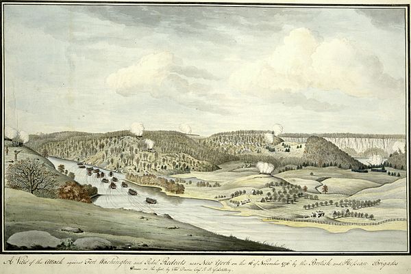 A View of the Attack against Fort Washington and Rebel Redouts near New York on November 16, 1776 by the British and Hessian Brigades Watercolor by Th