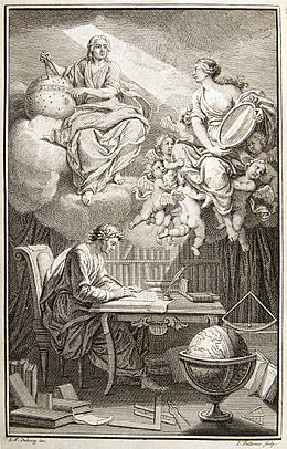 In the frontispiece to Voltaire's book on Newton's philosophy, Émilie du Châtelet appears as Voltaire's muse, reflecting Newton's heavenly insights down to Voltaire.[60] (Source: Wikimedia)