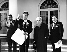 Presentation of the National Medal of Science to Theodore von Karman by President Kennedy. Von Karman receives National Medal of Science (JFKWHP-AR7727-A).jpg