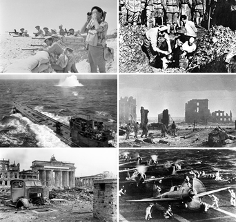 Decorative montage of events of World War II.
