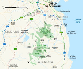 Map of Wicklow Mountains National Park and surrounding areas of County Wicklow, County Kildare and Dublin, park highlighted in green