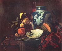 Still Life with Ginger jar circa 1660 date QS:P,+1660-00-00T00:00:00Z/9,P1480,Q5727902 . oil on canvas medium QS:P186,Q296955;P186,Q12321255,P518,Q861259 . 58 × 71 cm (22.8 × 27.9 in). Paris, Louvre Museum.