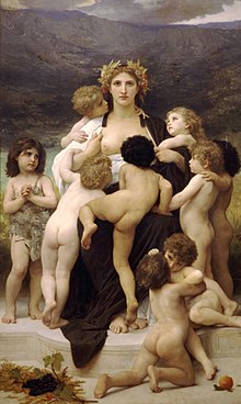 A seated woman surrounded by 9 children who seem dependent upon her.