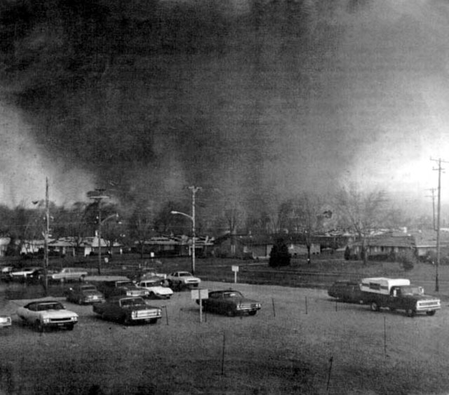 The 1974 Xenia F5 tornado tearing through the southeast Pinecrest Garden district.