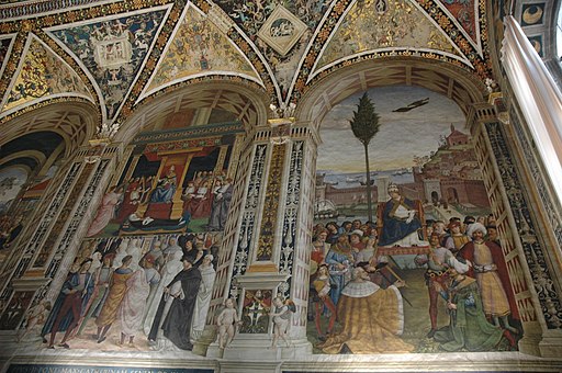 Pinturicchio, Libreria Piccolomini, de laatste twee scenes, Pio II canonizza santa Caterina da Siena en Pio II giunge ad Ancona per dare inizio alla crociata