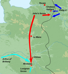 Mapa Francie s červeným šípem ukazující Johnovo odvážné tažení směrem k Mirebeau.