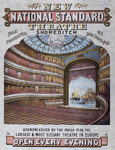 1867 Poster from the National Standard Theatre, Shoreditch (1837–1940). Not strictly a Music Hall, but a theatre where many of these artists performed their Music Hall acts.