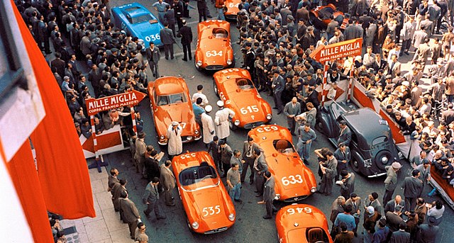 Cars in Brescia before departure at 1955 Mille Miglia.