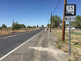 View northbound along SR 115 at the junction with SR 118 2015-04-29 14 57 22 View north along Nevada State Route 115 (Harrigan Road) at Nevada State Route 118 (Wildes Road) in Churchill County, Nevada.jpg