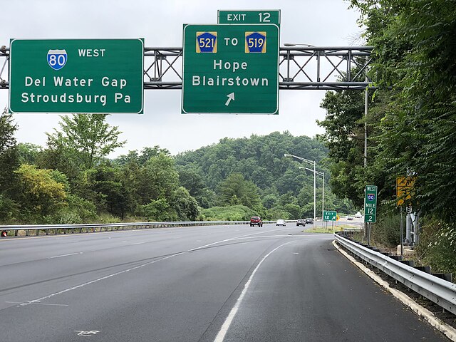 I-80 westbound at CR 521 exit in Hope Township