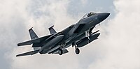 A US Air Force F-15C Eagle, tail number 82-0038, on final approach at Kadena Air Base in Okinawa, Japan.