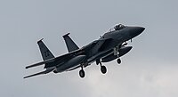 A US Air Force F-15C Eagle, tail number 85-0112, on final approach at Kadena Air Base in Okinawa, Japan. It is assigned to the 18th Wing at Kadena AB.