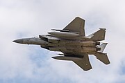 An F-15C Eagle, tail number 86-0175, taking off from RAF Lakenheath in the United Kingdom. The aircraft is assigned to the 493rd Fighter Squadron in the United States Air Force.