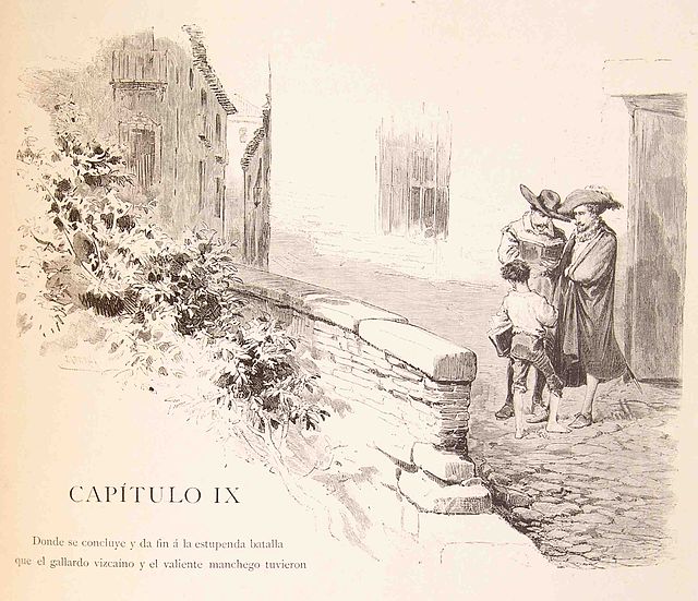 Cervantes finds the manuscript with the further adventures of Don Quixote. Illustration by Ricardo Balaca for the 1880 edition.