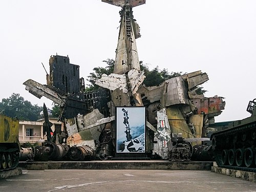 Wrecked US military equipment assembled as art installation at the Vietnam People's Army museum in Hanoi, Vietnam.