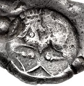 A siglos found in the Kabul valley, 5th century BCE. Coins of this type were also found in the Bhir Mound hoard.[20][21]