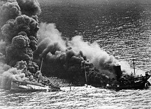 The tanker "Dixie Arrow" was torpedoed within the Eastern Sea Frontier off Cape Hatteras on 26 March 1942. Allied tanker torpedoed.jpg
