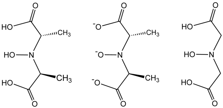 The ligand precursor found in amavadin (left), the ligand (center) and H3(HIDA) (right). AmavadinRevd.png