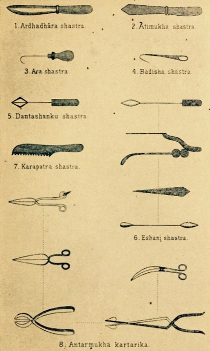 Texto indiano antigo Sushruta samhita shastra e kartarika, instrumentos cirúrgicos 1 de 4