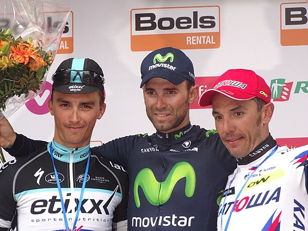 Alaphilippe (left) on the podium of the 2015 Liège–Bastogne–Liège, along with Alejandro Valverde (centre) and Joaquim Rodríguez