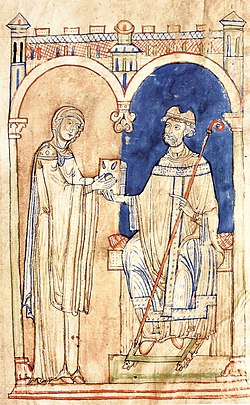 Anselm of Canterbury hands over his work to Matilda. Miniature in a manuscript by Anselm's Orationes (Diocese of Salzburg, around 1160). Admont, Abbey Library, Ms. 289, fol. 1v. Anselm ubergibt Mathilde sein Werk.jpg