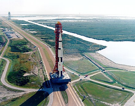 Apollo 8 atop Saturn V being rolled out to Pad 39A atop the crawler-transporter