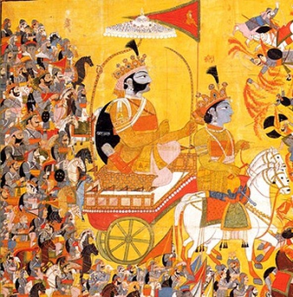 A painting of Krishna recounting Gita to Arjuna during the Kurukshetra War, from the Mahabharata. c. 1820 CE