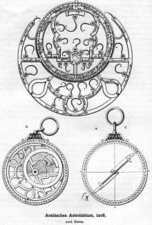 Arabisches Astrolabium um 1208.Oben: Rete (durchbrochene Scheibe mit exzentrischem Tierkreis und Sternen als Spitzen von Dornen).Unten links: Vorderseite mit Rete.Unten rechts: Rückseite (Dorsum) mit Alhidade