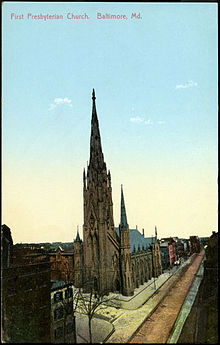 First Presbyterian church in Baltimore, Maryland from a pre-1923 postcard Baltimore MD 1st Presby PHS681.jpg