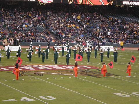 Band of the Hour, the marching band of the University of Miami, performs at the Emerald Bowl in San Francisco, December 27, 2008