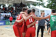 Deutsch: Beachhandball Europameisterschaften 2019 (Beach handball Euro); Tag 6: 7. Juli 2019 – Spiel um Platz Drei, Männer, Ungarn-Russland 2:0 (26:20, 23:22) English: Beach handball Euro; Day 6: 7 July 2019 – Men's Bronze Medal Match – Hungary-Russia 2:0 (26:20, 23:22)