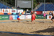 Deutsch: Beachhandball Europameisterschaften 2019 (Beach handball Euro); Tag 1: 2. Juli 2019 – Männer, Vorrunde Gruppe D, Polen-Schweden 2:1 (18:10, 15:9; 8:6) English: Beach handball Euro; Day 1: 2 July 2019 – Men Preliminary Round Group D – Poland-Sweden 2:1 (18:10, 15:9; 8:6)