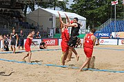 Deutsch: Beachhandball Europameisterschaften 2019 (Beach handball Euro); Tag 2: 3. Juli 2019 – Männer, Vorrunde Gruppe B, Serbien-Portugal 2:0 (20:15, 88:17) English: Beach handball Euro; Day 2: 3 July 2019 – Men Preliminary Round Group B - Serbia-Portugal 2:0 (20:15, 88:17)