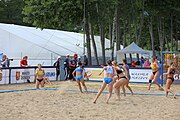 Deutsch: Beachhandball Europameisterschaften 2019 (Beach handball Euro); Tag 2: 3. Juli 2019 – Frauen, Vorrunde Gruppe D, Dänemark-Russland 2:0 (21:16, 18:12) English: Beach handball Euro; Day 2: 3 July 2019 – Women Preliminary Round Group D – Denmark-Russia 2:0 (21:16, 18:12)