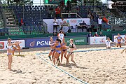 Deutsch: Beachhandball Europameisterschaften 2019 (Beach handball Euro); Tag 2: 3. Juli 2019 – Frauen, Vorrunde Gruppe C, Spanien-Griechenland 2:1 (12:20, 18:16; 8:2) English: Beach handball Euro; Day 2: 3 July 2019 – Women Preliminary Round Group C – Spain-Greece 2:1 (12:20, 18:16; 8:2)