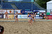 Deutsch: Beachhandball Europameisterschaften 2019 (Beach handball Euro); Tag 5: 6. Juli 2019 – Frauen, Halbfinale, Ungarn-Niederlande 2:0 (19:16, 15:12) English: Beach handball Euro; Day 5: 6 July 2019 – Semifinal Women – Hungary-Netherlands 2:0 (19:16, 15:12)