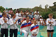 Deutsch: Beachvolleyball bei den Olympischen Jugendspielen 2018; Tag 11, 17. Oktober 2018; Mädchen, Medaillenzeremonie - Gold: Russland (Maria Woronina & Maria Botscharow), Silber: Italien (Claudia Scampoli & Nicol Bertozzi), Bronze: Norwegen (Emilie Olimstad & Frida Berntsen) English: Beach volleyball at the 2018 Summer Youth Olympics at 17 October 2018 – Girls Victory ceremony - Gold: Russia (Maria Voronina & Maria Bocharov), Silber: Italy (Claudia Scampoli & Nicol Bertozzi), Bronze: Norway (Emilie Olimstad & Frida Berntsen)