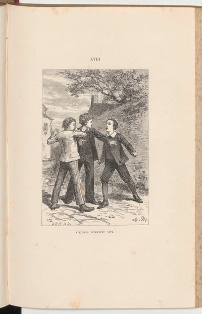 Trois enfants devant un mu qui se disputent, celui du milieu semble les séparer.