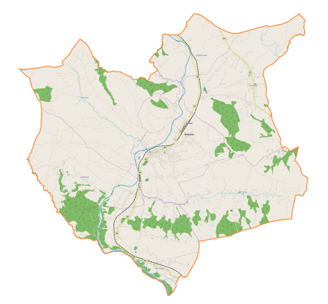 Mapa konturowa gminy Bobowa, w centrum znajduje się punkt z opisem „Bobowa”